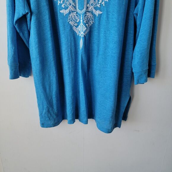Chico's womens  100% Linen Embroidered V-Neck Tunic size XL Blue 3/4 sleeve - Picture 4 of 7